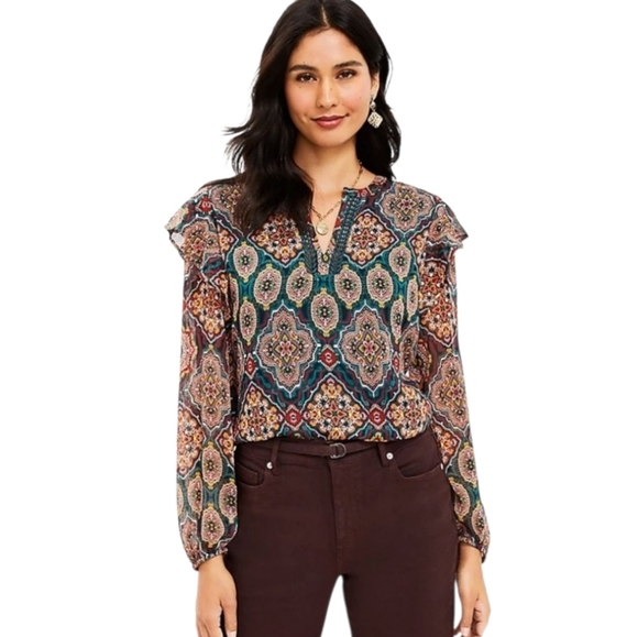 LOFT Tops - {LOFT} Womens Tapestry Ruffle Split Neck Blouse - Size XL